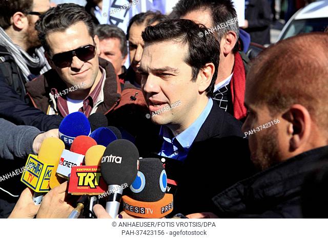 Alexis Tsipras of the Coalition of the Radical Left - Unitary Social Front (SYRIZA) talks to the media during a general strike in Athens, Greece