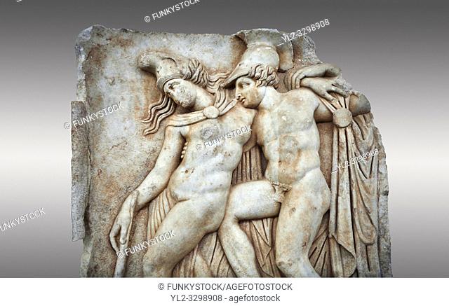 Roman Sebasteion relief sculpture of Achilles and a dying Amazon, Aphrodisias Museum, Aphrodisias, Turkey. . . Achilles supports the dying Amazon queen...