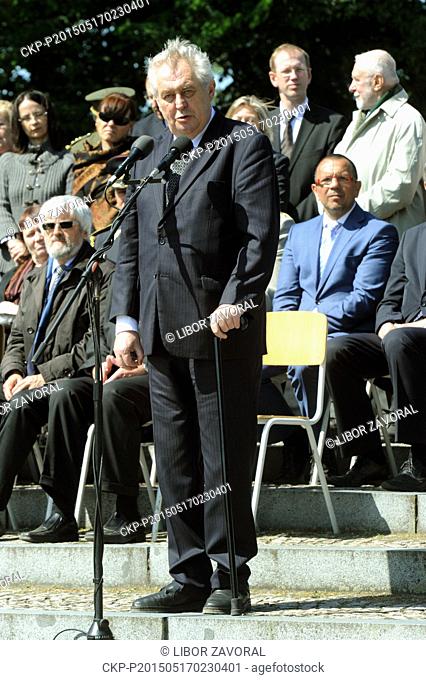 Czech President Milos Zeman speaks during the event commemorating the victims of Nazi persecution at the National Cemetery at Terezin