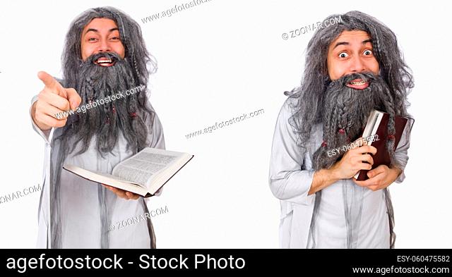 Funny old wizard with book