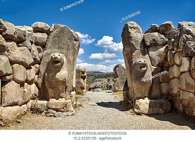 Picture & image of the Hittite lion sculpture of the Lion Gate. Hattusa (also á¸ªattuša or Hattusas) late Anatolian Bronze Age capital of the Hittite Empire