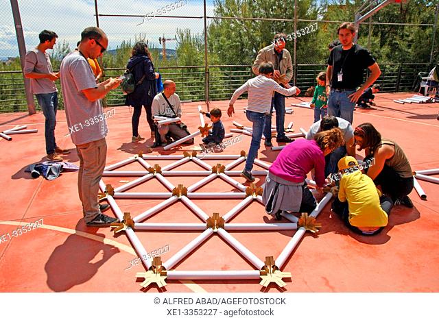 Children's construction workshop, Festival of Architecture 2019, Parc de Collserola, Barcelona, Catalonia, Spain