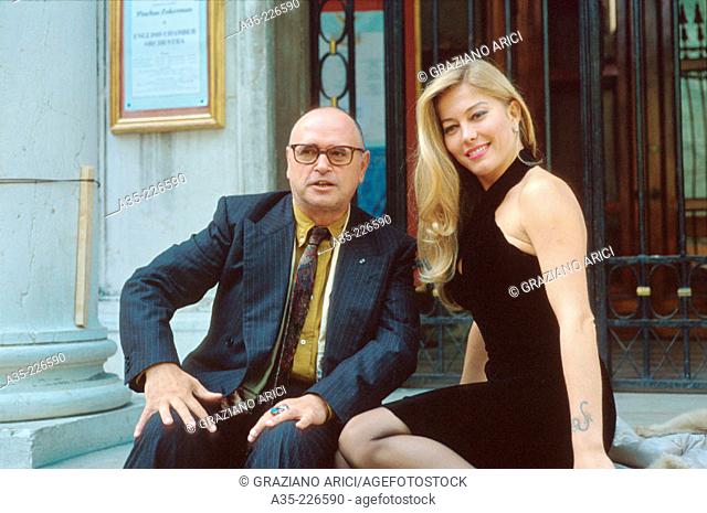 Musician Sylvano Bussotti and porno actress Moana Pozzi in front of the Fenice Theatre. Venice. 1994