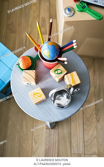 Educational toys on table, overhead view