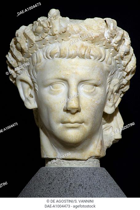 Marble head of Claudius with an oak wreath, front side, uncovered in the Augusteo, Roselle, Tuscany, Italy. Roman Civilisation, 1st century