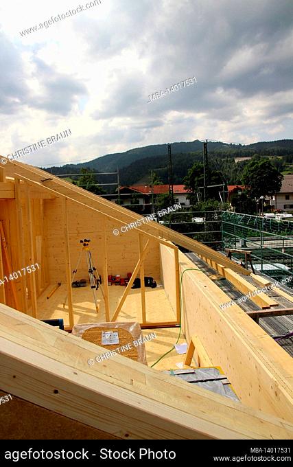 new building, house, roof structure, attic storey, building, wood, shell construction, wood construction, insight