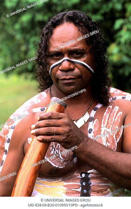 Australia, Queensland, Cairns. Tjappukai Aboriginal With Didgeridoo