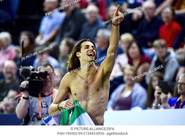 02 March 2019, Great Britain, Glasgow: Athletics, European Indoor Championships, High Jump, Men, Final, in the Emirates Arena: Gianmarco Tamberi, Italy