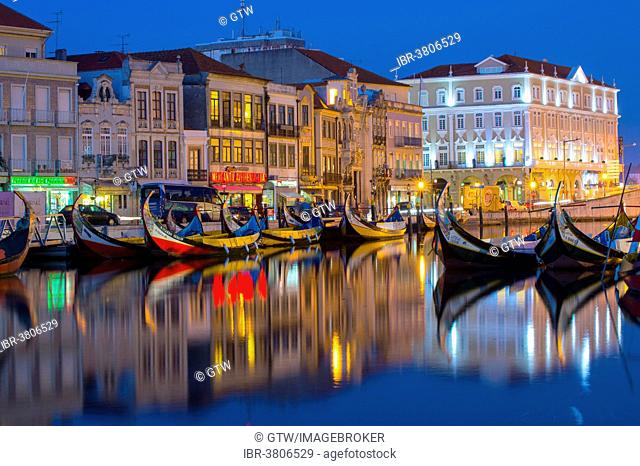 Moliceiros, boats anchored along the Central Channel at night, Aveiro, Centro region, Portugal