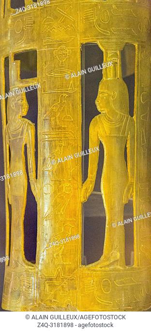 Egypt, Cairo, Egyptian Museum, from the tomb of Yuya and Thuya in Luxor, detail of the gilded bands for Thuya mummy, made of cloth and plaster : Isis and...