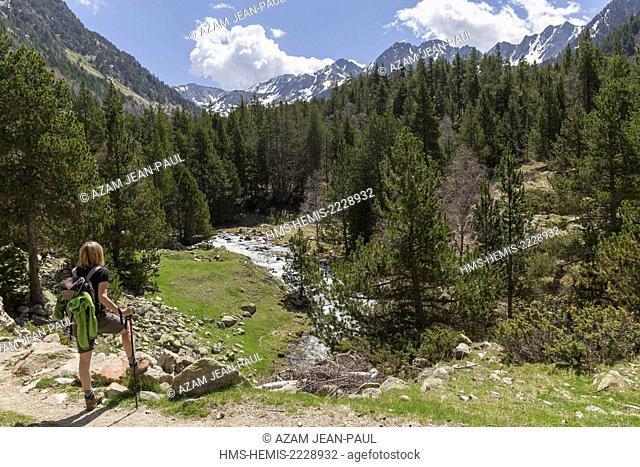 Andorra, Escaldes Engordany, hiker in the the Madriu-Perafita-Claror valley, listed as World Heritage by UNESCO