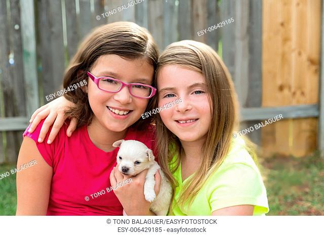 kid girls playing with puppy pet chihuahua with doggy outdoor