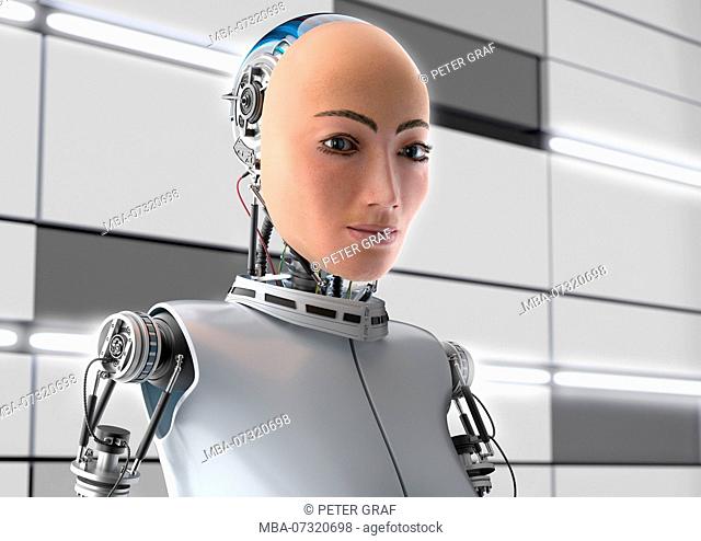 Female robot Android with realistic face, mechanical back of the head and upper body in front of bright laboratory wall