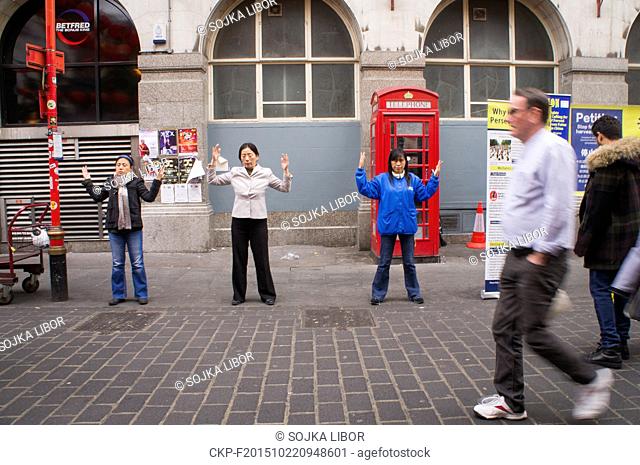 Falun Gong, Falun Dafa protest, petition in the Lisle Street in London's Chinatown district, United Kingdom, on Sunday, October 18, 2015