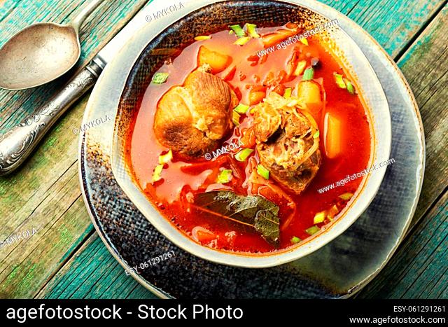 Borscht - hot soup based on beets and meat. Red Ukrainian borscht