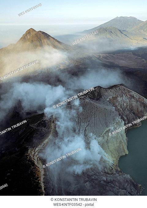 Indonesia, Java, Aerial view of green sulphuric lake of Ijen volcano