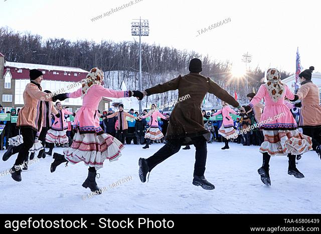 RUSSIA, UFA - DECEMBER 16, 2023: Performers in traditional costume dance before the men's 12.5km pursuit in Stage 2 of the 2023/2024 Commonwealth Biathlon Cup...