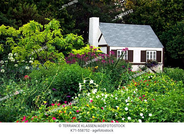 'Grandma's Cottage' in the flowers gardens of the English Gardens in Winnipeg, Manitoba Canada