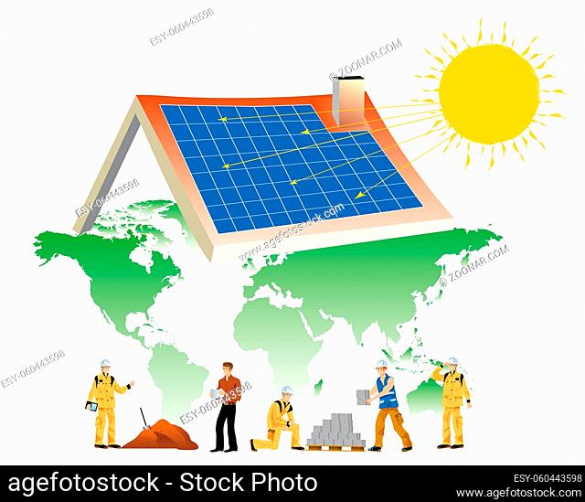 Workers building a house equipped with solar panels on the base map of the world