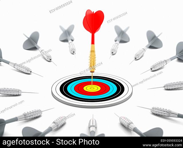 Red dart and target stand out among gray darts. 3D illustration