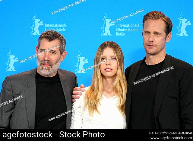 22 February 2023, Berlin: Actors Alexander Skarsgard (r), Mia Goth and Jalil Lespert arrive at the Photo Call for the film ""Infinity Pool"" screening in the...