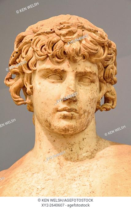 Delphi, Phocis, Greece. Delphi Archaeological museum. Detail of cult statue of Antinoos or Antinous, circa 111-130, Bithynian-Greek youth and lover of the Roman...