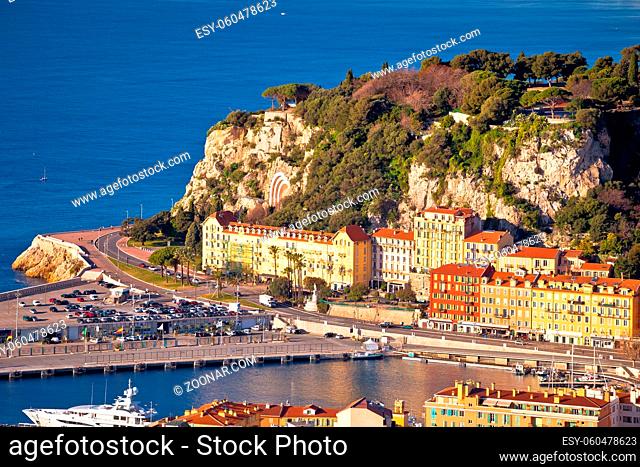 City of Nice colorful waterfront and yachting harbor aerial view, French riviera, Alpes Maritimes department of France