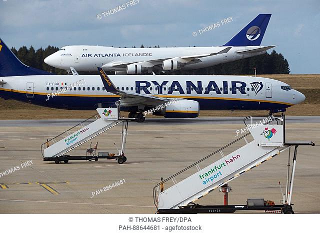 A Boeing 737 of Ryanair and a Boeing 747 of Air Antlanta Icelandic can be seen at the Hahn airport in Hahn, Germany, 2 March 2017