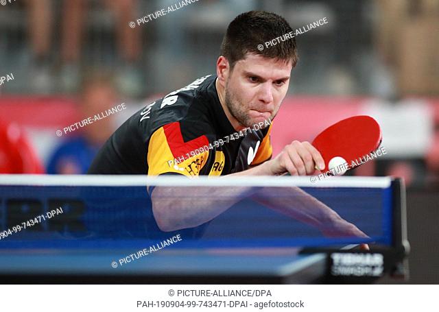 04 September 2019, France (France), Nantes: Table tennis, men: European Championship, team, Germany - Czech Republic; preliminary round, group A, 2nd matchday