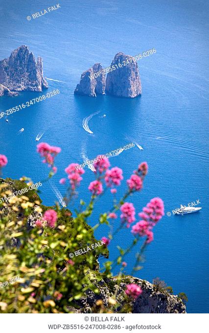Stunning views of the Faraglioni Rocks from the top of Monte Solaro, Capri, Bay of Naples, Italy