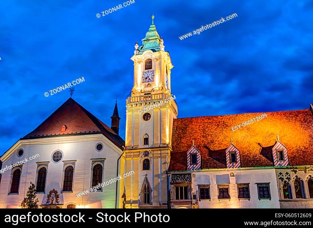 Old Town Hall tower at night in the city center of Bratislava, Slovakia