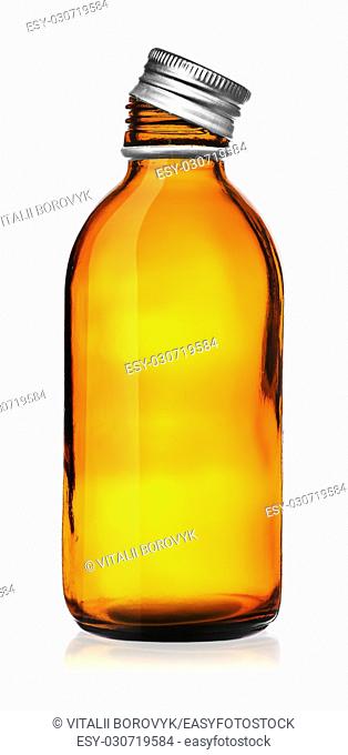 Medical bottle with cover removed isolated on white background