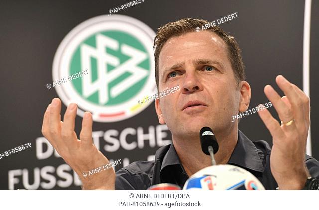 Oliver Bierhoff, team manager of the German national soccer team, gestures during a news conference of the German national soccer team in the media center next...