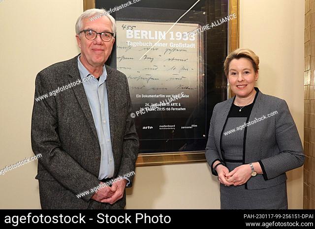 17 January 2023, Berlin: The director Volker Heise and Franziska Giffey (SPD), governing mayor, come to the premiere of the documentary film ""Berlin 1933 -...