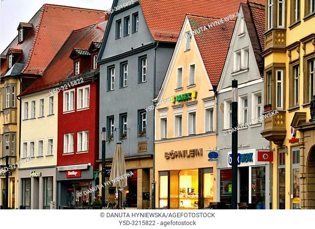 Facades of historic townhouses in the evening, Maximilianstrasse - main touristic promenade in old town, Bayreuth, capital of Upper Franconia, Bavaria, Bayern