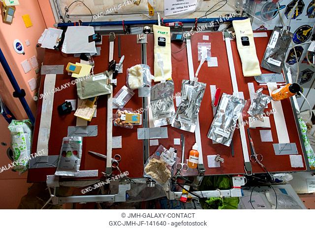 A view of the food table located in the Russian Zvezda service module on the International Space Station taken by Expedition 43 Flight Engineer Scott Kelly