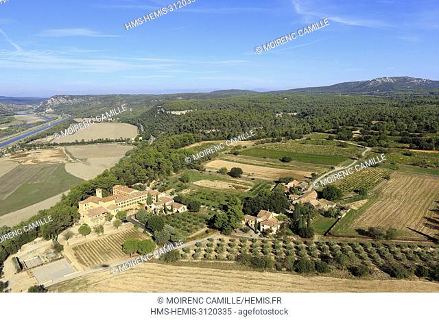France, Bouches du Rhone, Sainte Victoire Site, valley of La Durance, Peyrolles en Provence, Notre Dame de la Fidelite Abbey (aerial view)