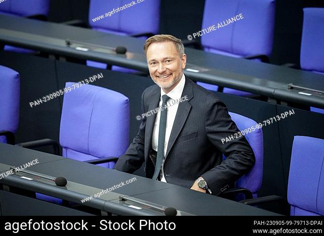 05 September 2023, Berlin: Christian Lindner (FDP), Federal Minister of Finance, attends the session in the plenary hall of the Bundestag at the beginning of...