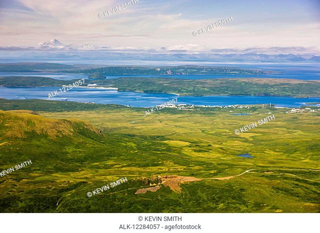 Aerial view of Sand Point, Unga Island and mountians in the background, Sand Point, Southwestern Alaska, USA, Summer
