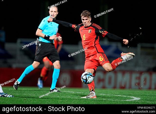 Belgium's Arne Engels pictured in action during the match between the U21 youth team of the Belgian national soccer team Red Devils and the U21 of Scotland