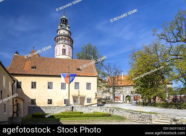View of the castle from the first courtyard in Czech Krumlov, Southern Bohemia, Czech Republic