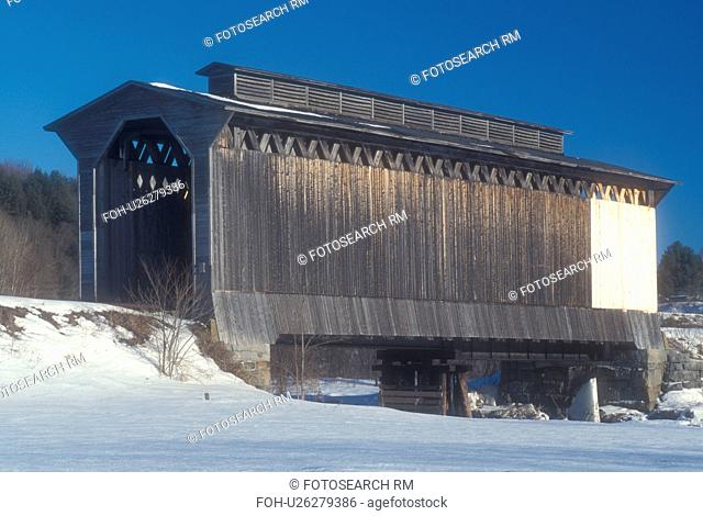 railroad bridge, Vermont, VT, Fisher Covered Railroad Bridge ca. 1908 in Wolcott in the winter