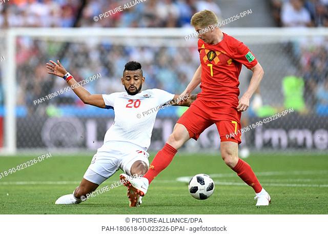 18 June 2018, Russia, Sochi: Soccer: World Cup, preliminary stage, Group G, 1: Belgium vs Panama in the Sochi Stadium. Belgium's Kevin de Bruyne (R) and...