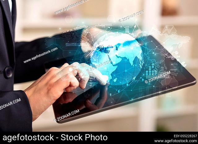 Working business woman with global reports and stock market change concept