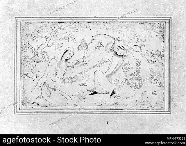 Young Man and Woman in a Landscape. Object Name: Illustrated album leaf; Date: first half 17th century; Geography: Attributed to Iran; Medium: Ink