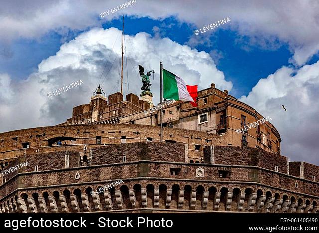 Castle of the Holy Angel (Castel Sant'Angelo) also known as The Mausoleum of Hadrian with the bronze statue of Michael the Archangel on the top