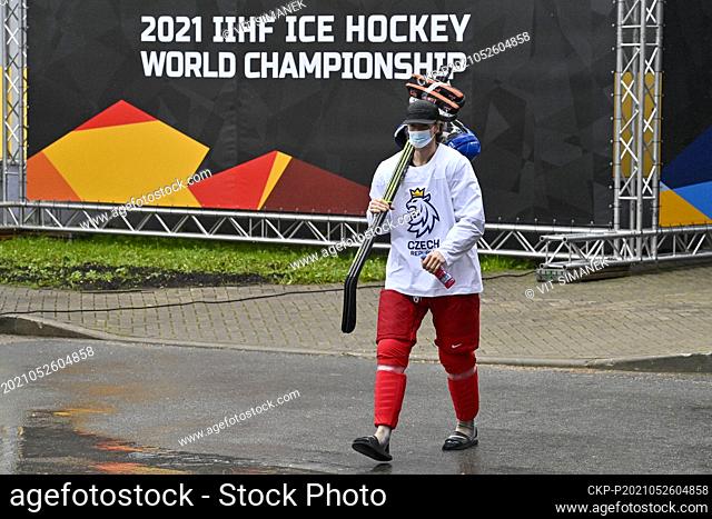Andrej Sustr of Czech Republic on the way to a bus that will take him to the training hall during the 2021 IIHF Ice Hockey World Championship in Riga, Latvia