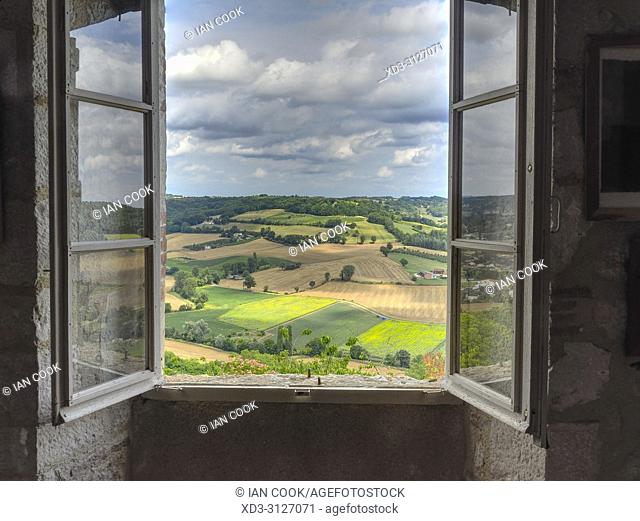 La Petite Barguelonne Valley viewed through a window from Lauzerte, Tarn-et-Garonne Department, Occitanie, France