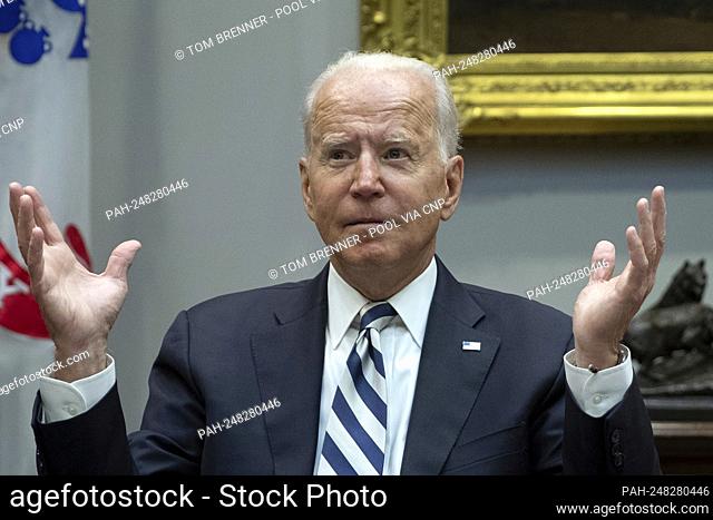 United States President Joe Biden speaks during a meeting with a group of bipartisan governors and mayors in the Roosevelt Room of the White House in Washington