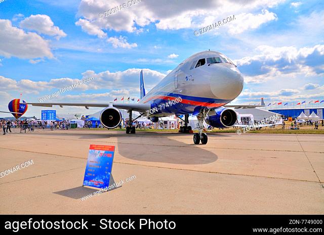 MOSCOW, RUSSIA - AUG 2015: passenger jet Tu-214 presented at the 12th MAKS-2015 International Aviation and Space Show on August 28, 2015 in Moscow, Russia